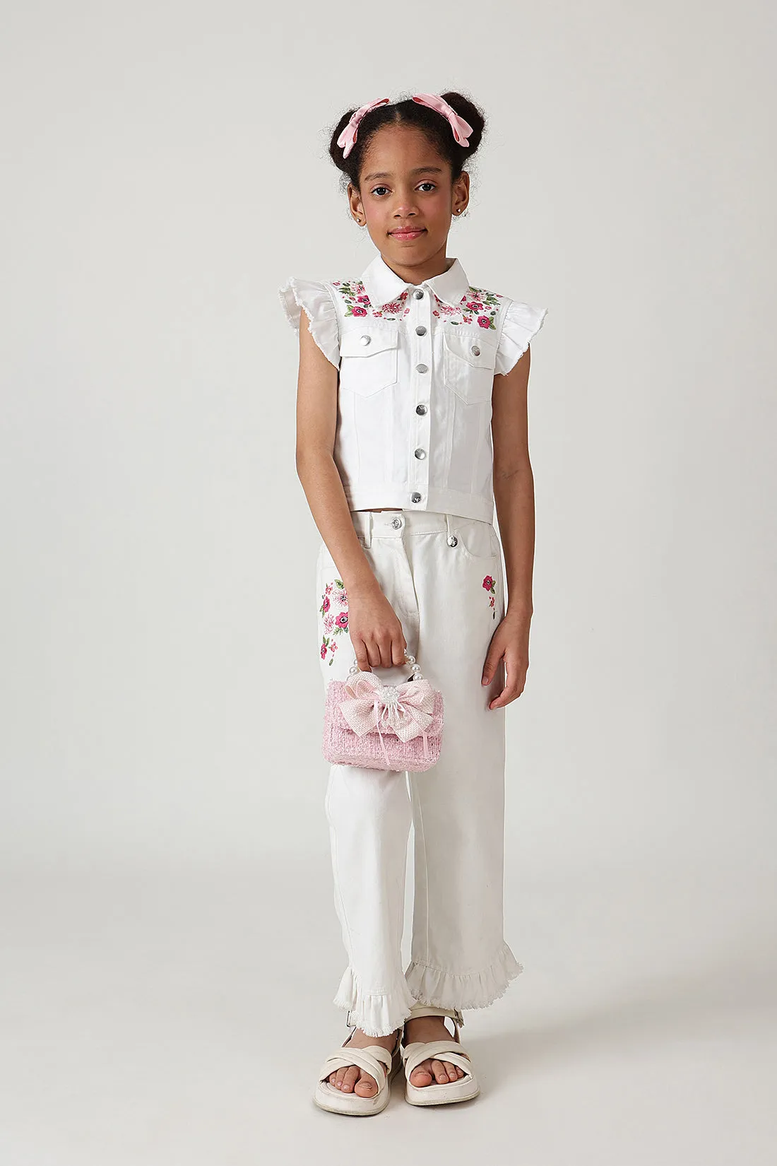 Girls White Regular Frill Sleeve Denim Jackets By One Friday