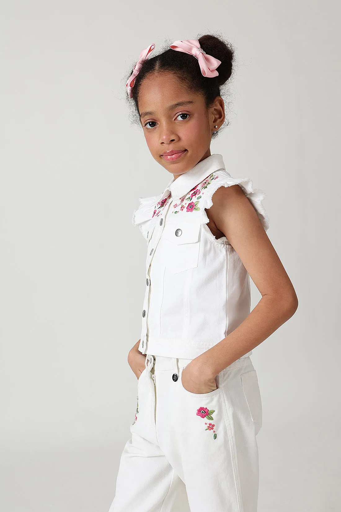 Girls White Regular Frill Sleeve Denim Jackets By One Friday