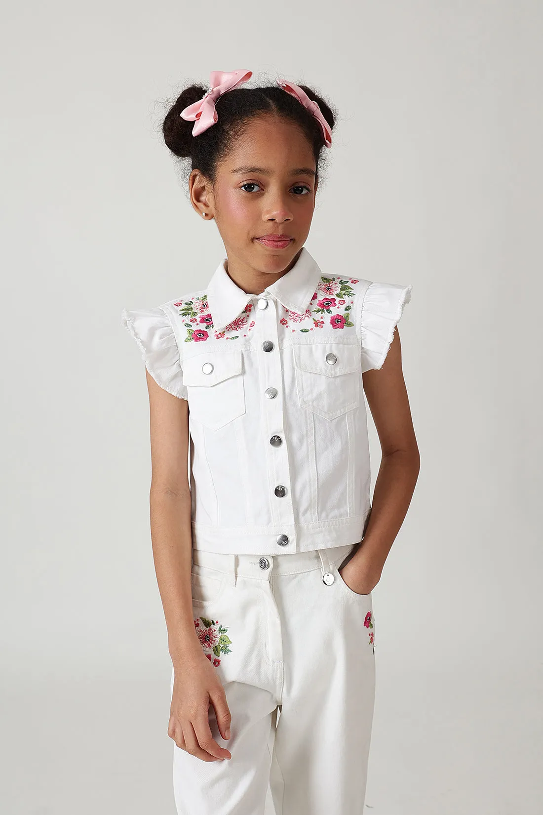 Girls White Regular Frill Sleeve Denim Jackets By One Friday