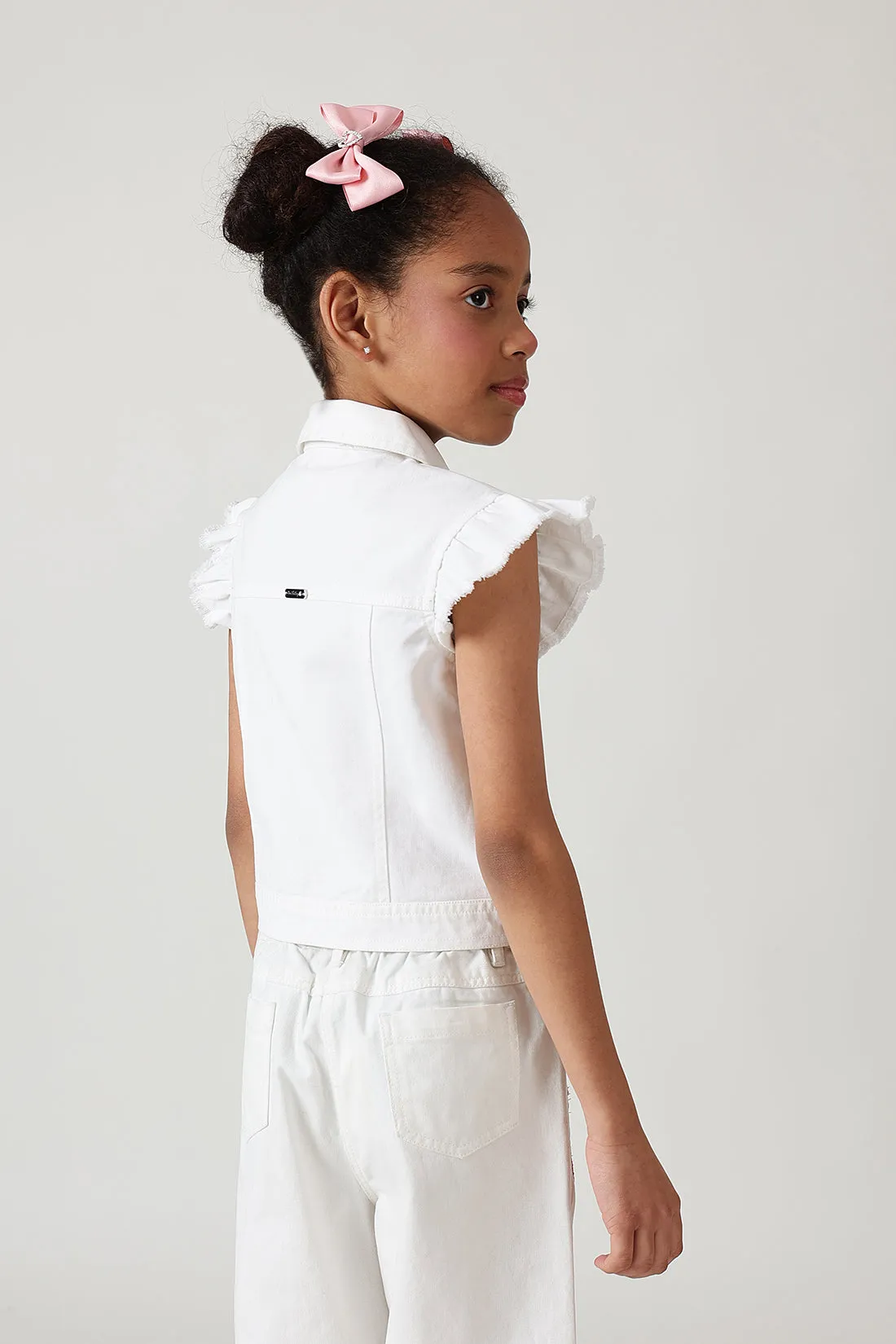 Girls White Regular Frill Sleeve Denim Jackets By One Friday