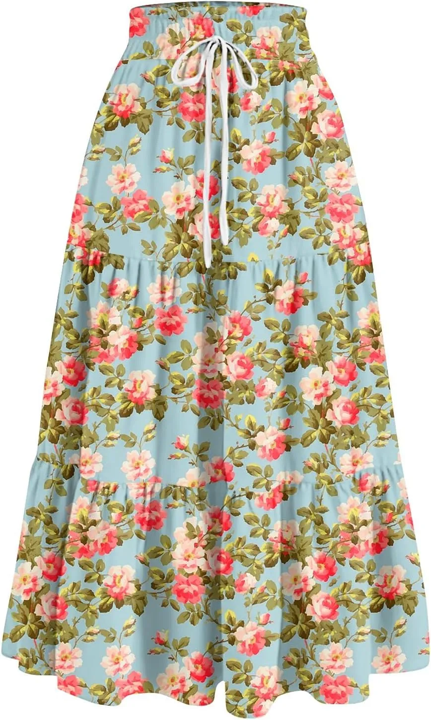 GOFULY Maxi Skirts for Women Long Casual Summer Floral Print A Line Skirt Drawstring Elastic High Waist Pleated Tiered Skirt