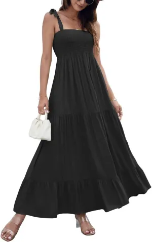 GOLDSTITCH Women's Summer Boho Spaghetti Strap Ruffle A Line Beach Long Maxi Dress