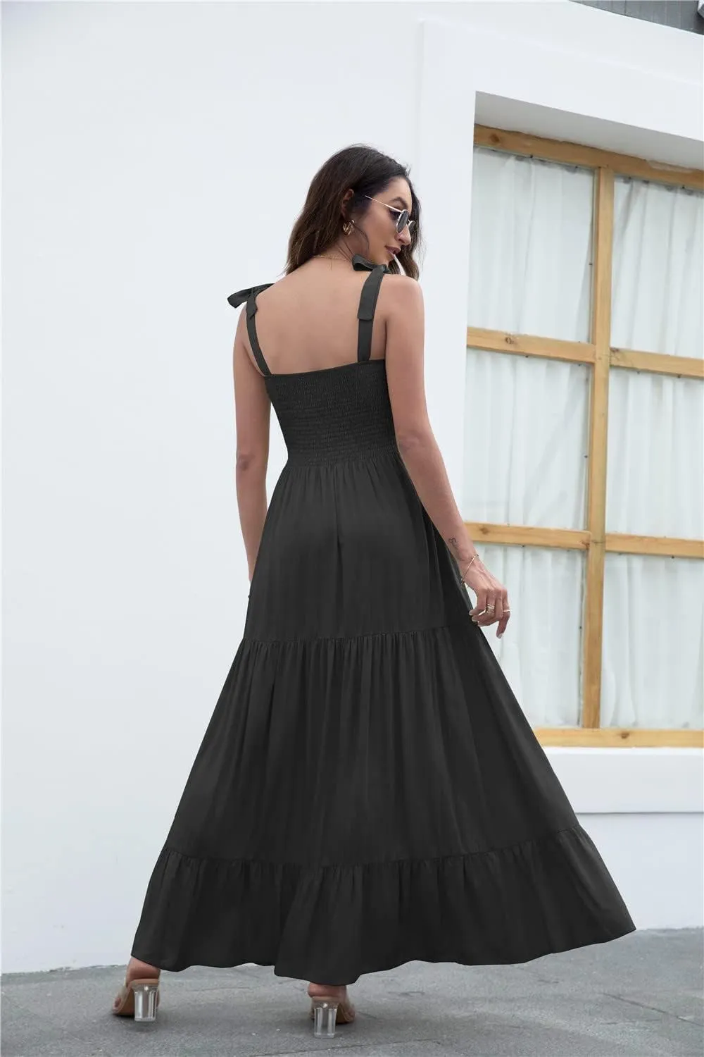 GOLDSTITCH Women's Summer Boho Spaghetti Strap Ruffle A Line Beach Long Maxi Dress