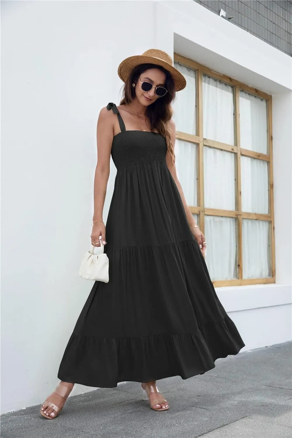 GOLDSTITCH Women's Summer Boho Spaghetti Strap Ruffle A Line Beach Long Maxi Dress