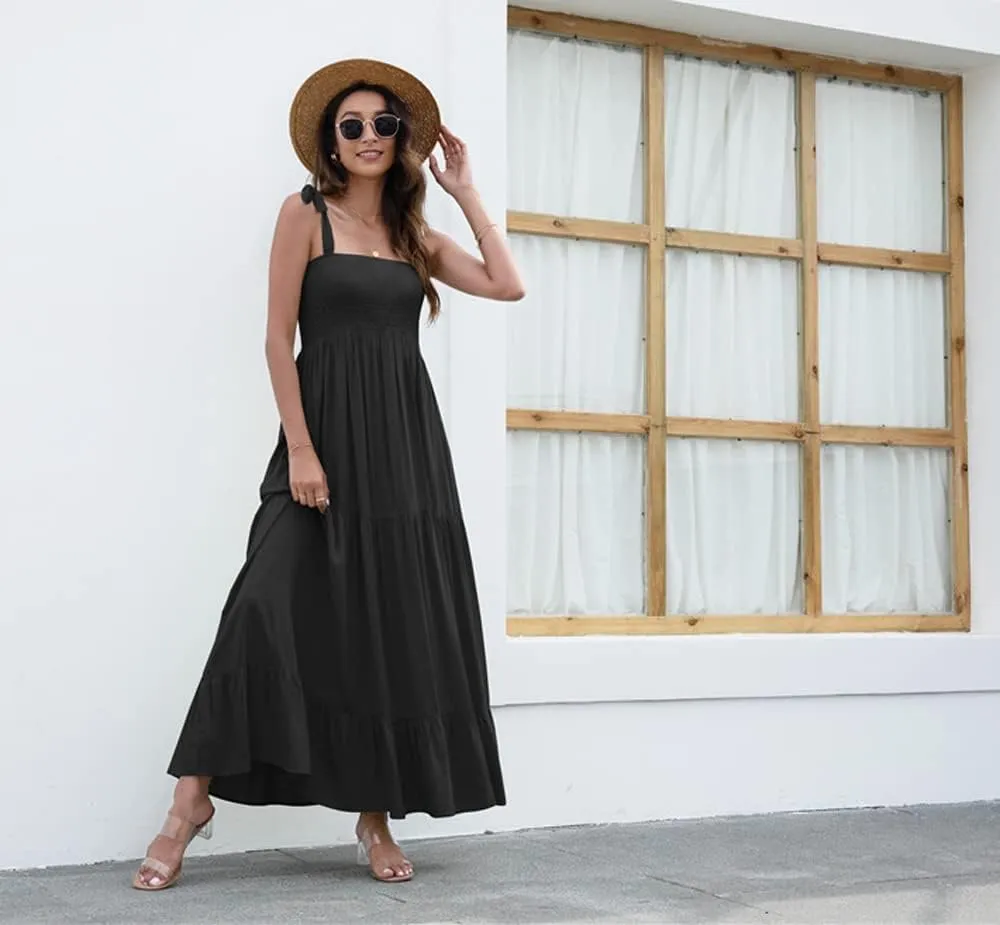 GOLDSTITCH Women's Summer Boho Spaghetti Strap Ruffle A Line Beach Long Maxi Dress