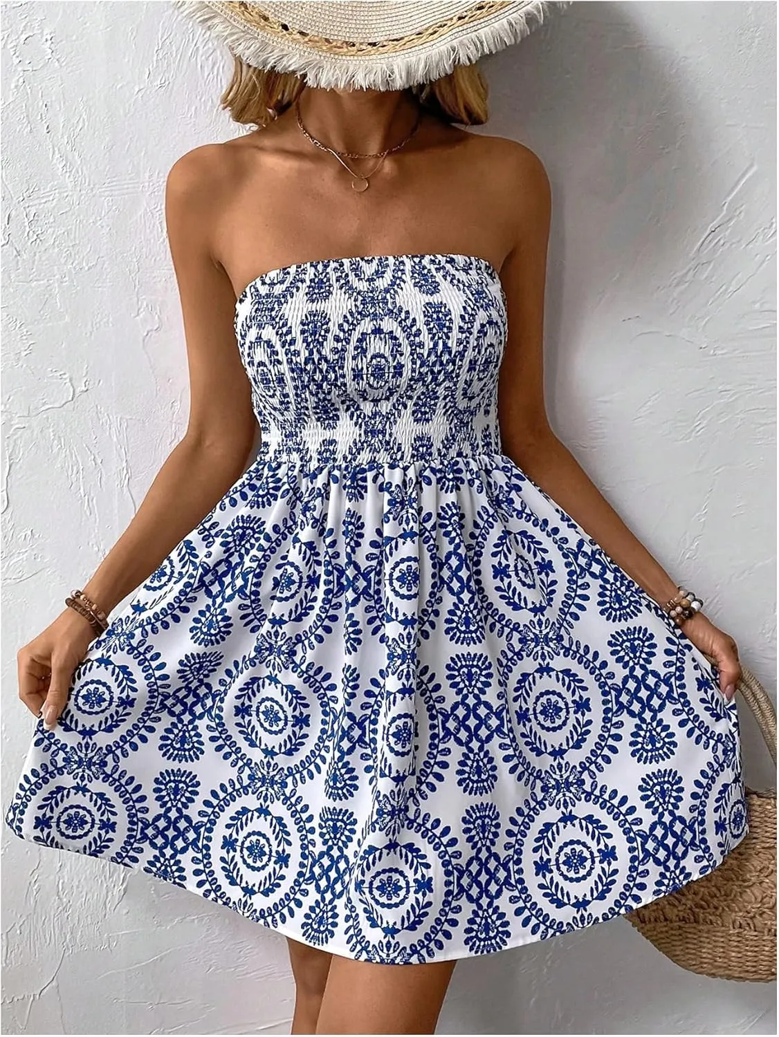 GORGLITTER Women's Strapless Backless Mini Flowy Dresses Floral Sleeveless Open Back Summer Beach Tube Sundresses