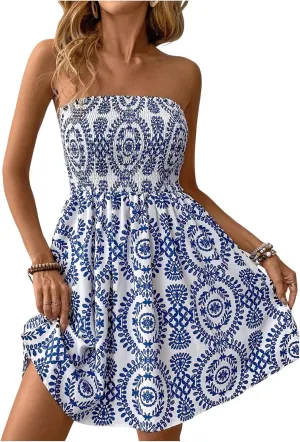 GORGLITTER Women's Strapless Backless Mini Flowy Dresses Floral Sleeveless Open Back Summer Beach Tube Sundresses