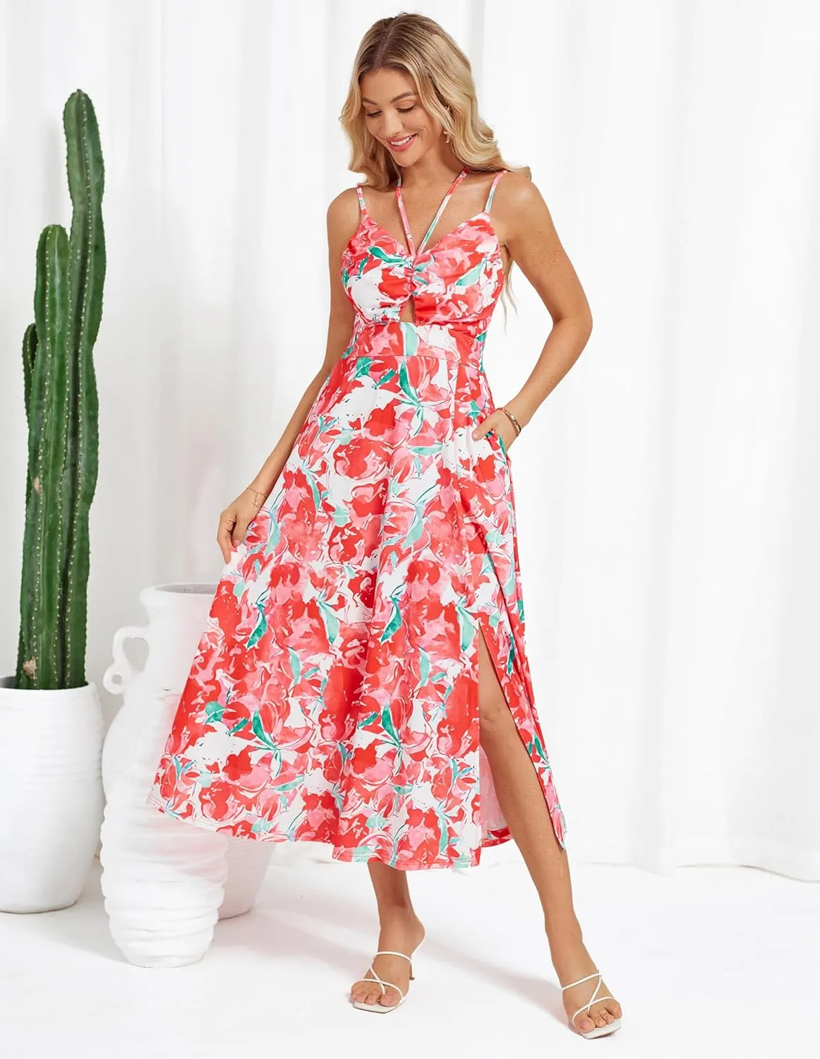 GRACE KARIN Womens 2025 Summer Beach Dress Boho Floral Dresses Spaghetti Strap V Neck Flowy Maxi Long Sundress with Pockets