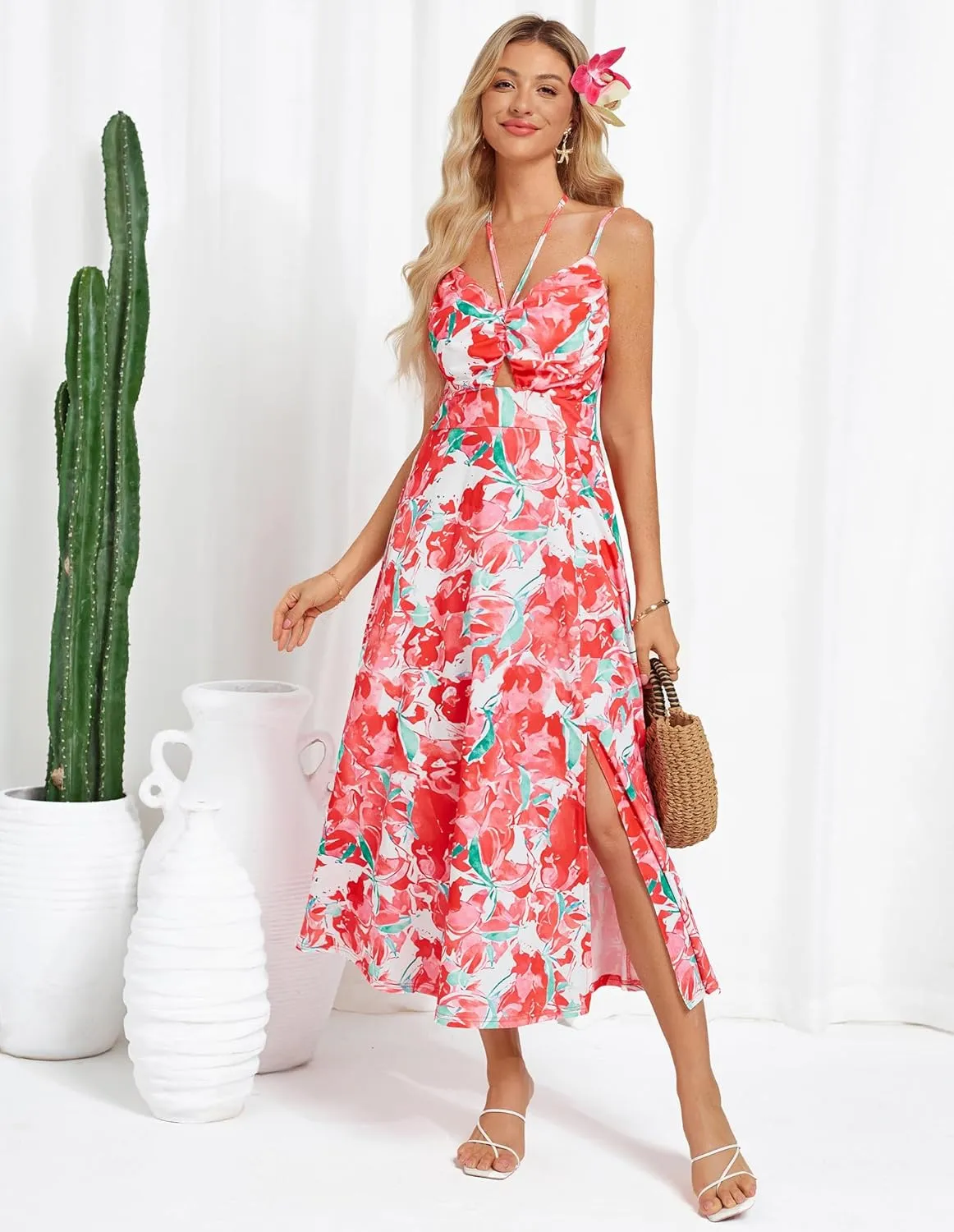 GRACE KARIN Womens 2025 Summer Beach Dress Boho Floral Dresses Spaghetti Strap V Neck Flowy Maxi Long Sundress with Pockets