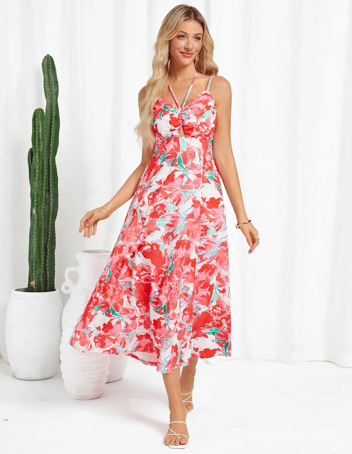 GRACE KARIN Womens 2025 Summer Beach Dress Boho Floral Dresses Spaghetti Strap V Neck Flowy Maxi Long Sundress with Pockets