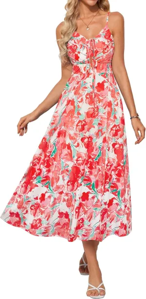 GRACE KARIN Womens 2025 Summer Beach Dress Boho Floral Dresses Spaghetti Strap V Neck Flowy Maxi Long Sundress with Pockets