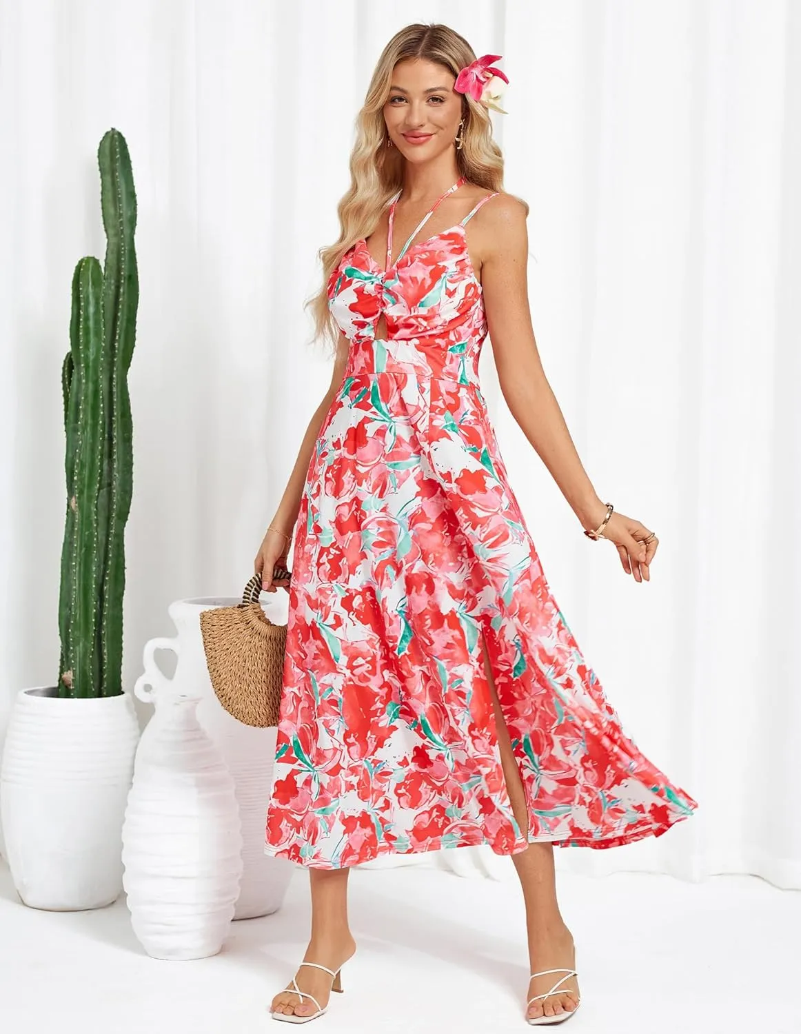 GRACE KARIN Womens 2025 Summer Beach Dress Boho Floral Dresses Spaghetti Strap V Neck Flowy Maxi Long Sundress with Pockets