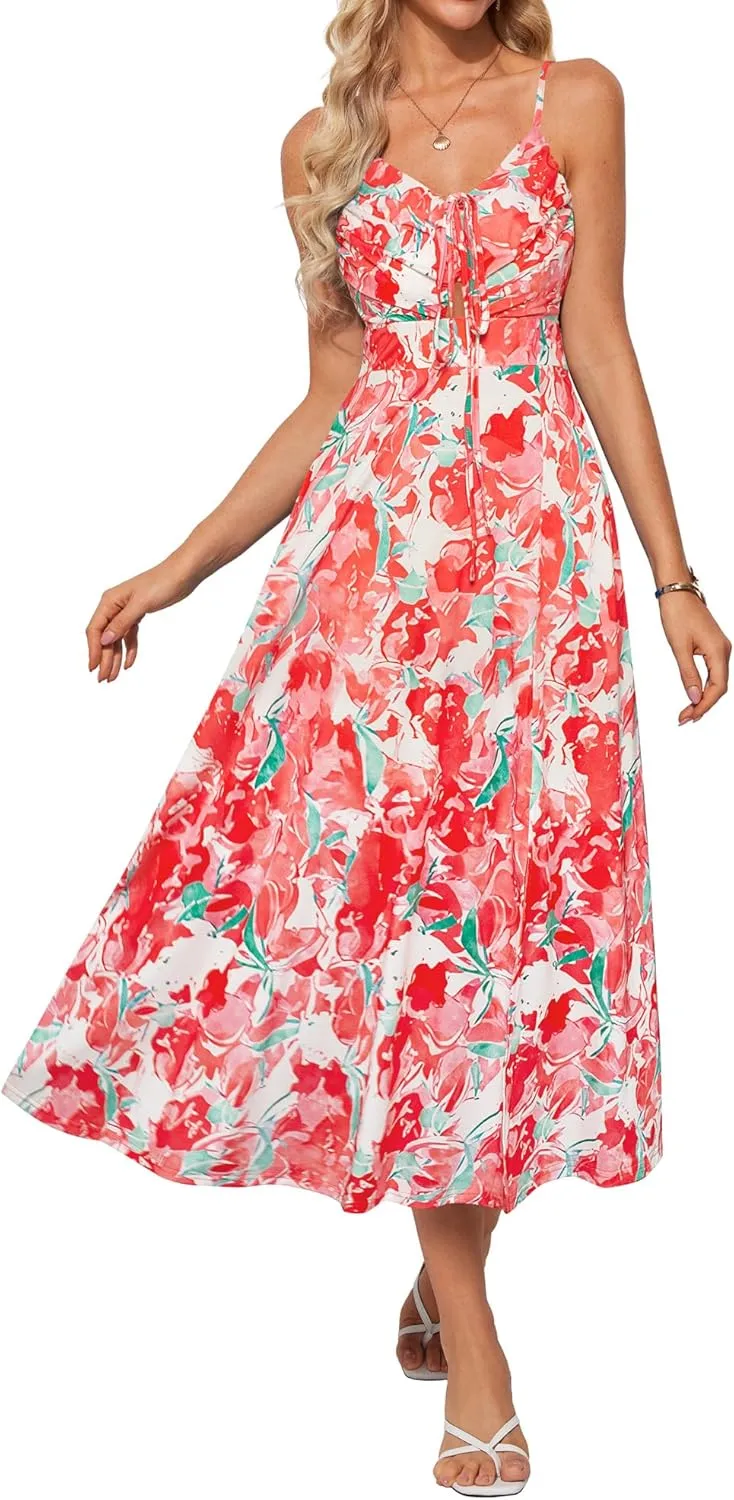 GRACE KARIN Womens 2025 Summer Beach Dress Boho Floral Dresses Spaghetti Strap V Neck Flowy Maxi Long Sundress with Pockets