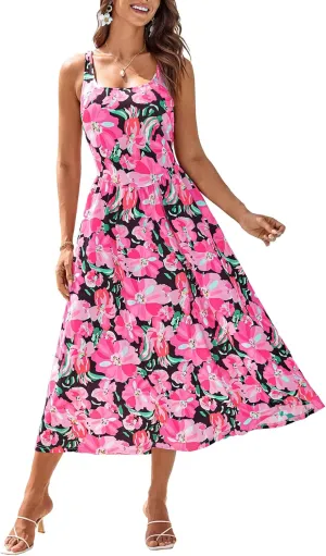 GRACE KARIN Women's Summer Square Neck Sleeveless Floral Midi Dress 2025 Boho Beach Casual Dresses with Pockets