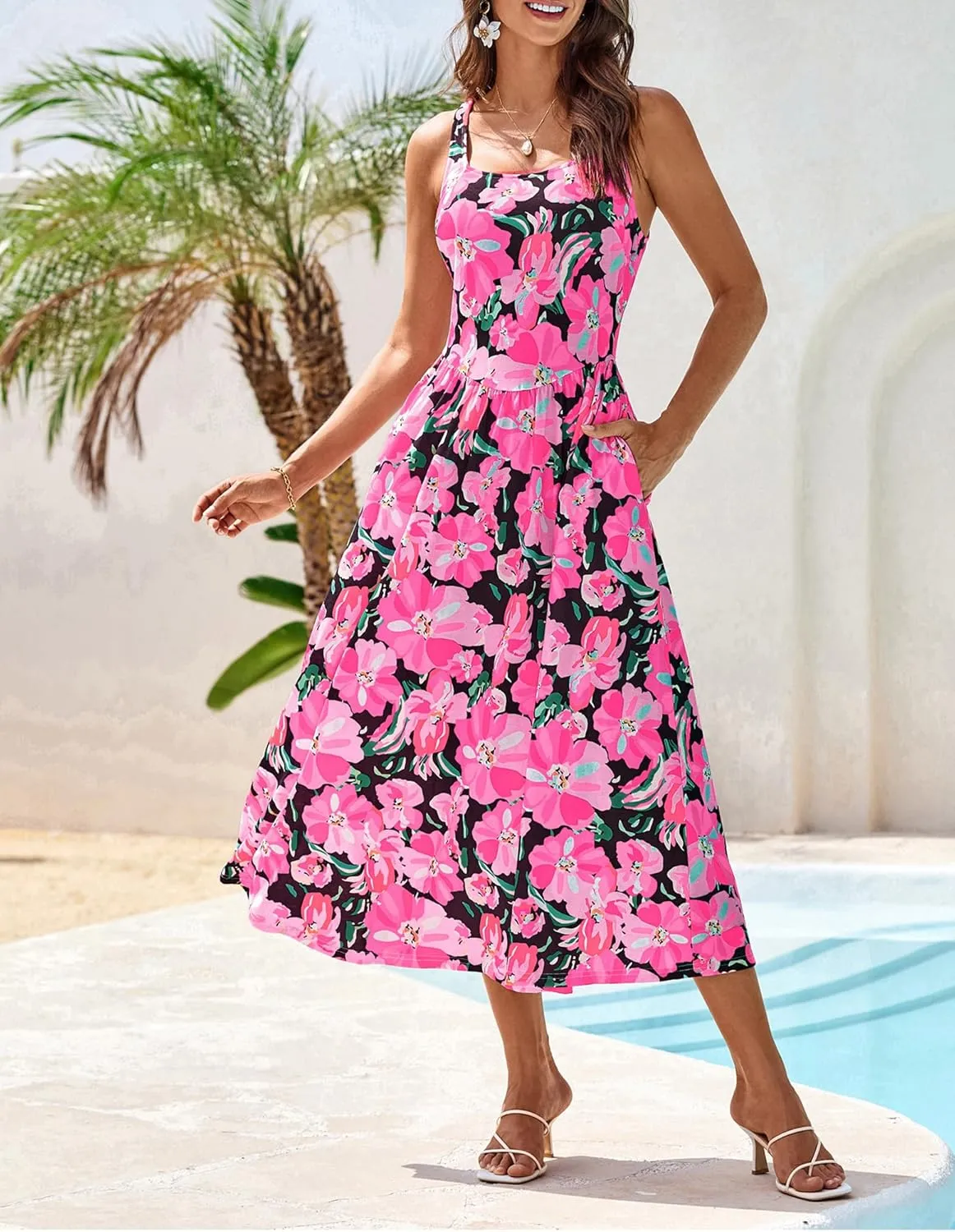 GRACE KARIN Women's Summer Square Neck Sleeveless Floral Midi Dress 2025 Boho Beach Casual Dresses with Pockets