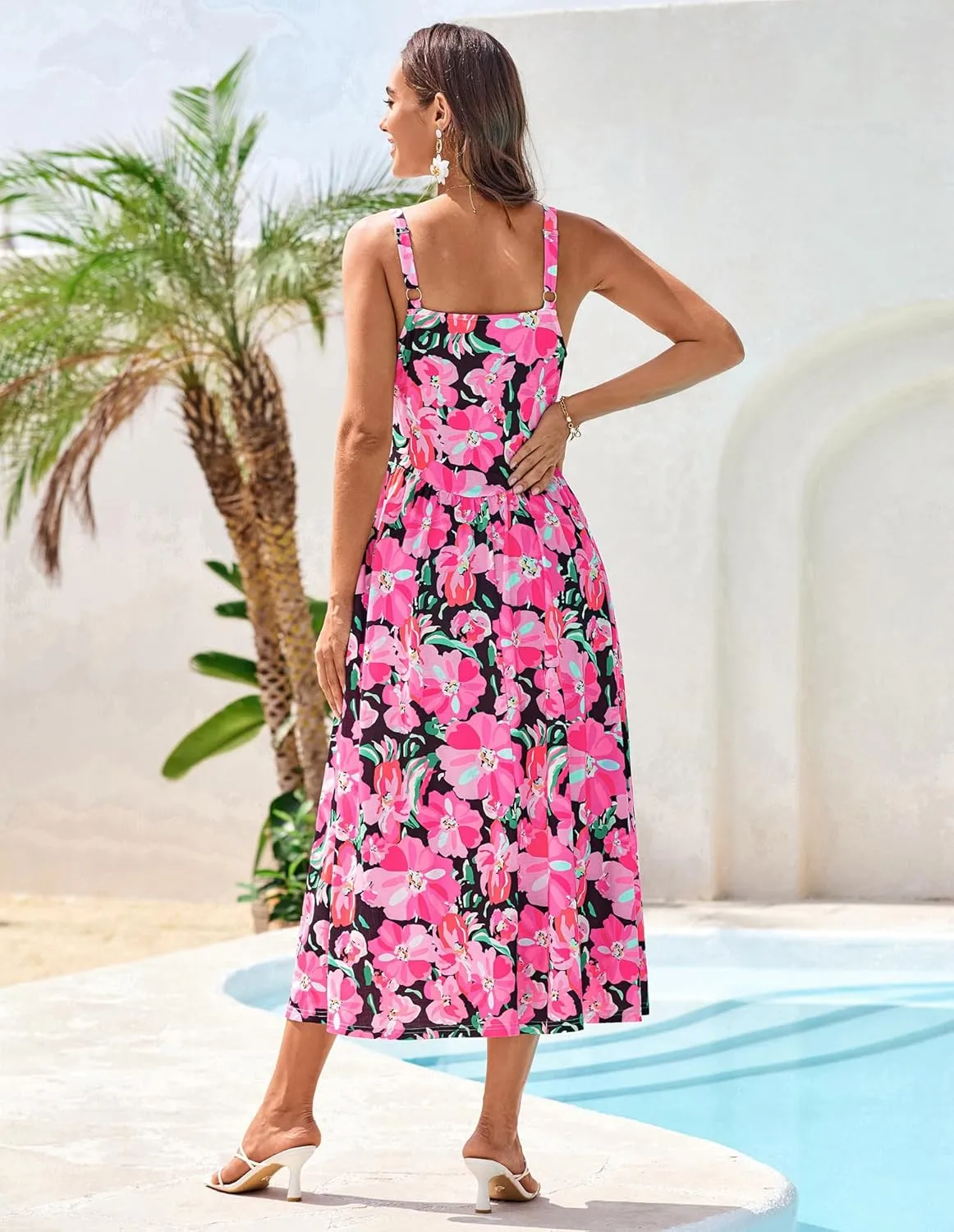GRACE KARIN Women's Summer Square Neck Sleeveless Floral Midi Dress 2025 Boho Beach Casual Dresses with Pockets
