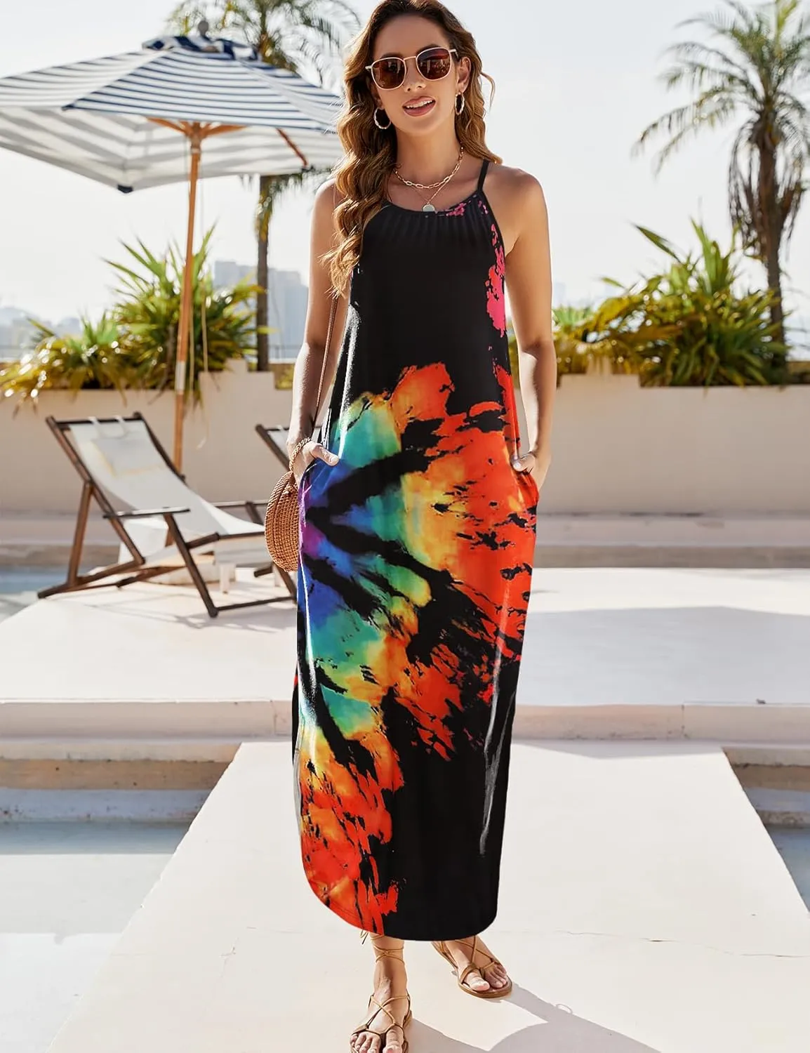 Halife Womens Summer Dresses Casual Loose Halter Long Sundress Sleeveless Split Maxi Beach Dress with Pockets