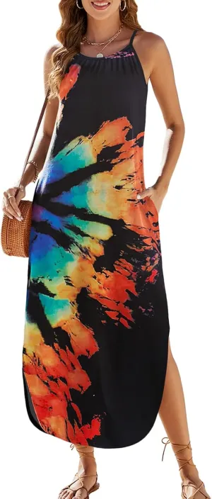 Halife Womens Summer Dresses Casual Loose Halter Long Sundress Sleeveless Split Maxi Beach Dress with Pockets