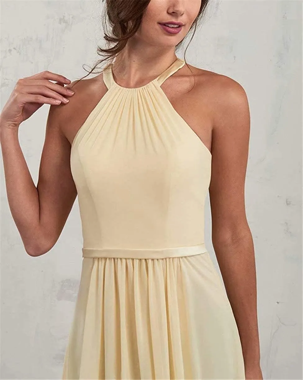 Halter Bridesmaid Dresses for Juniors Women Chiffon Prom Ball Gown Evening Dress