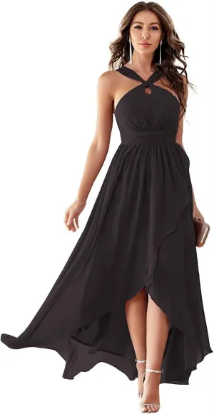 Halter Bridesmaid Dresses for Women 2024 Chiffon Ruched A-Line Hi-Low Formal Evening Gowns Sleeveless Mid-Back