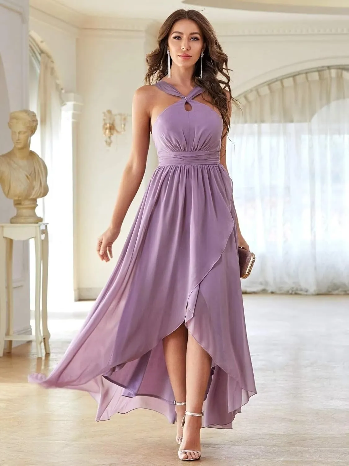 Halter Bridesmaid Dresses for Women 2024 Chiffon Ruched A-Line Hi-Low Formal Evening Gowns Sleeveless Mid-Back