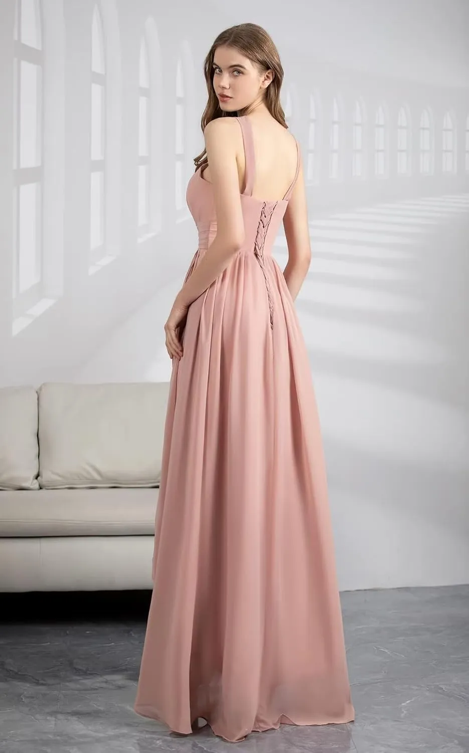 Halter Bridesmaid Dresses for Women 2024 Chiffon Ruched A-Line Hi-Low Formal Evening Gowns Sleeveless Mid-Back