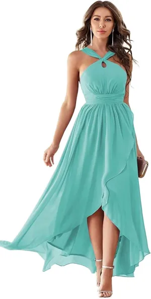 Halter Bridesmaid Dresses for Women 2024 Chiffon Ruched A-Line Hi-Low Formal Evening Gowns Sleeveless Mid-Back
