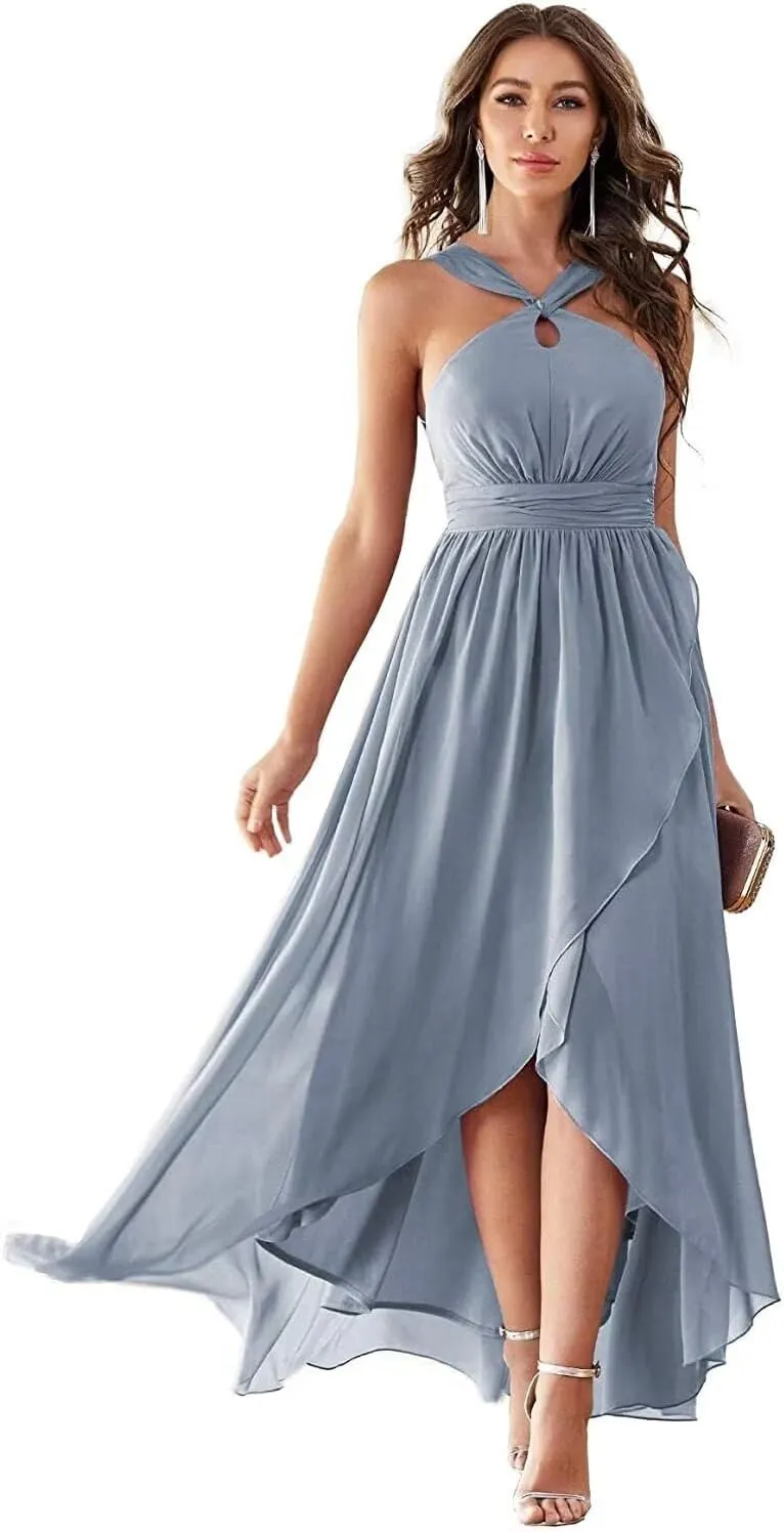 Halter Bridesmaid Dresses for Women 2024 Chiffon Ruched A-Line Hi-Low Formal Evening Gowns Sleeveless Mid-Back