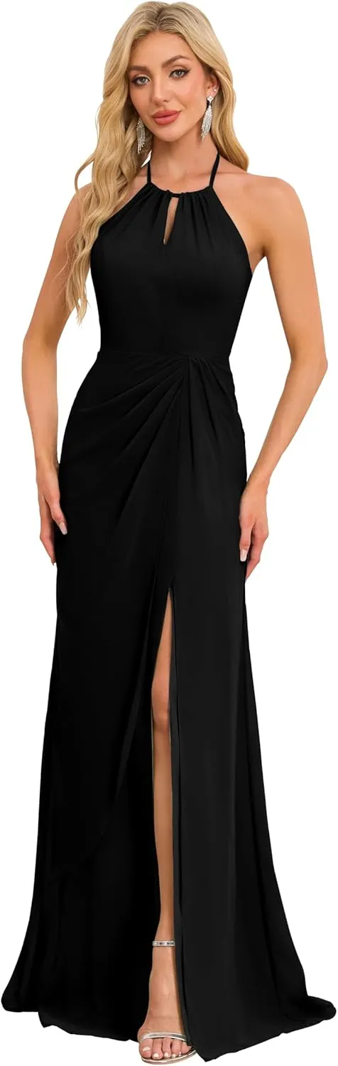 Halter Bridesmaid Dresses Mermaid Prom Dress Long for Women Ruched Formal Dress Evening Gown with Slit P127