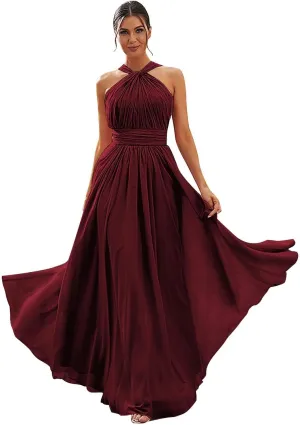 Halter Chiffon Bridesmaid Dresses for Women A Line Formal Gown Ruched Long Evening Dress with Pocket PS531
