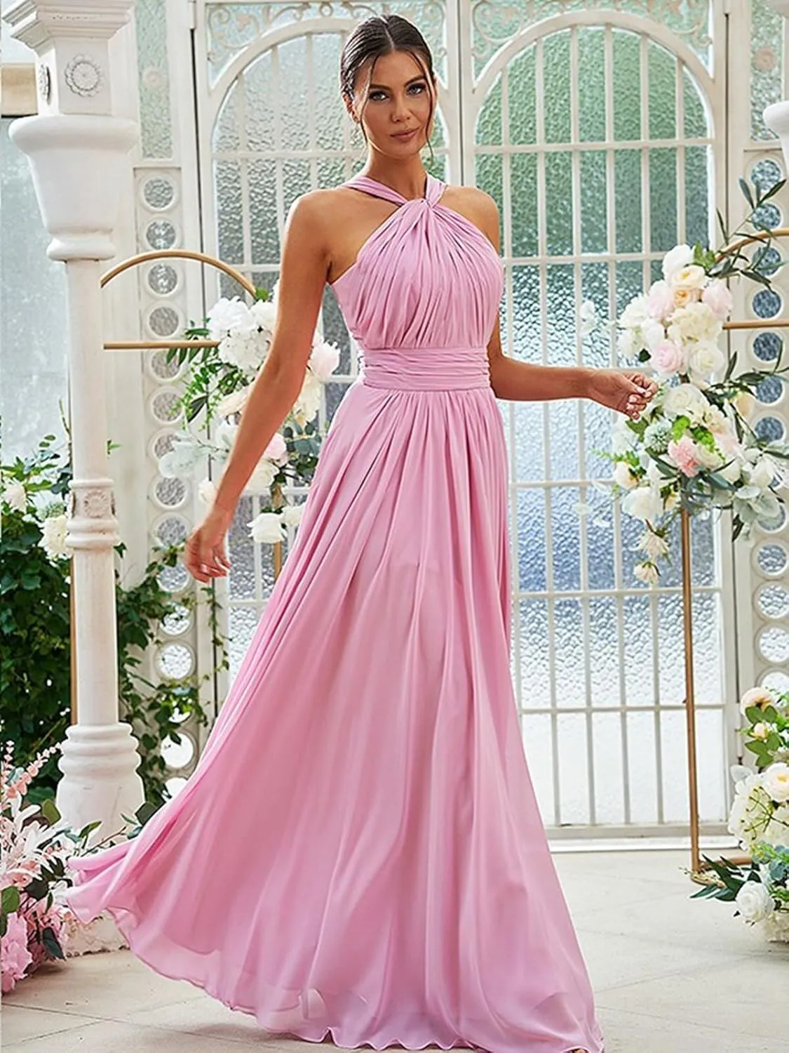 Halter Chiffon Bridesmaid Dresses for Women A Line Formal Gown Ruched Long Evening Dress with Pocket PS531