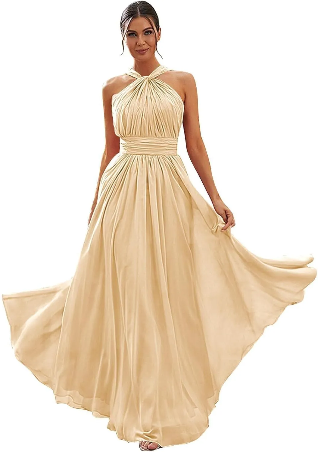 Halter Chiffon Bridesmaid Dresses for Women A Line Formal Gown Ruched Long Evening Dress with Pocket PS531