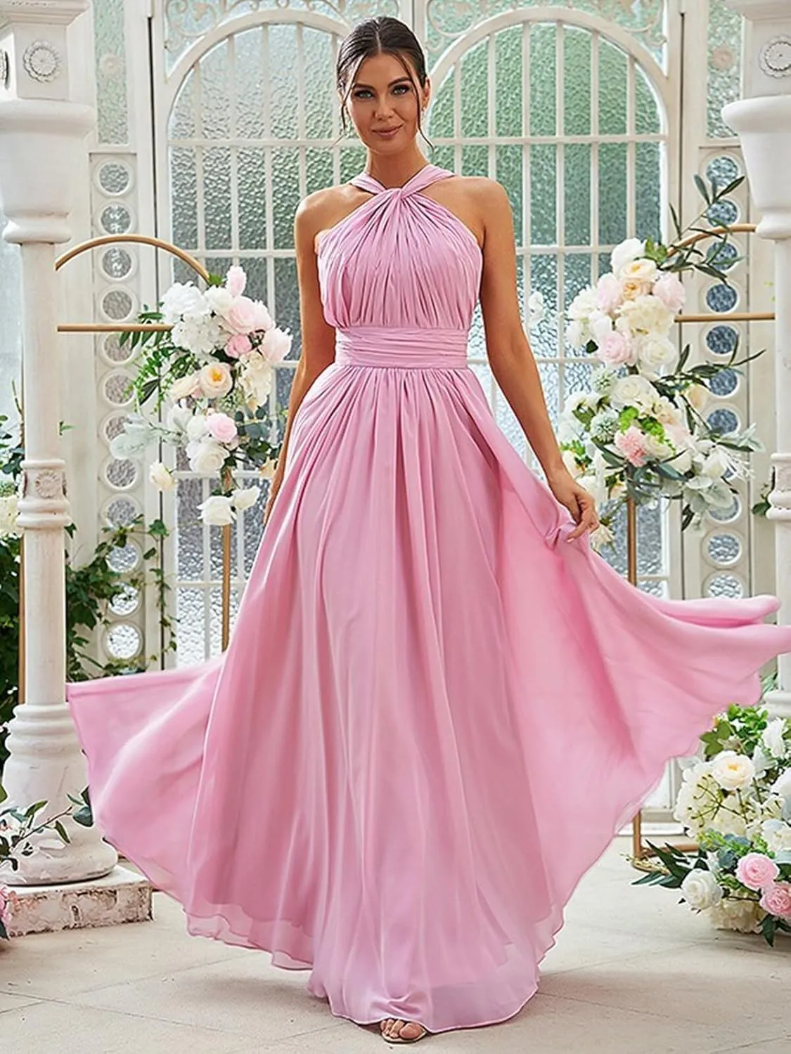 Halter Chiffon Bridesmaid Dresses for Women A Line Formal Gown Ruched Long Evening Dress with Pocket PS531