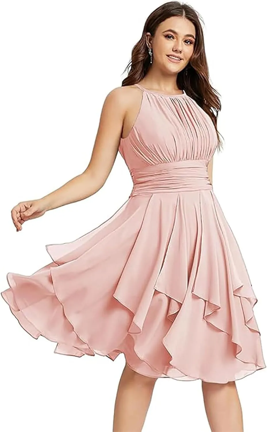 Halter Short Bridesmaid Dresses for Women A Line Chiffon Formal Dress Summer Ruffle Pleated Evening Praty Dress