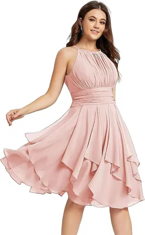 Halter Short Bridesmaid Dresses for Women A Line Chiffon Formal Dress Summer Ruffle Pleated Evening Praty Dress
