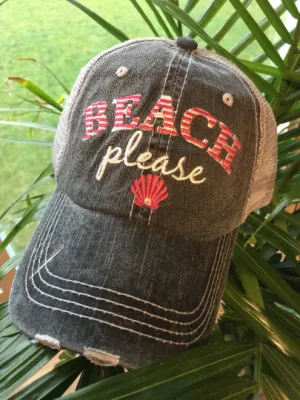 Hats. Beach please. Gray with pink OR teal letters and shell. Unisex embroidered distressed trucker cap with adjustble velcro and hole for pony.