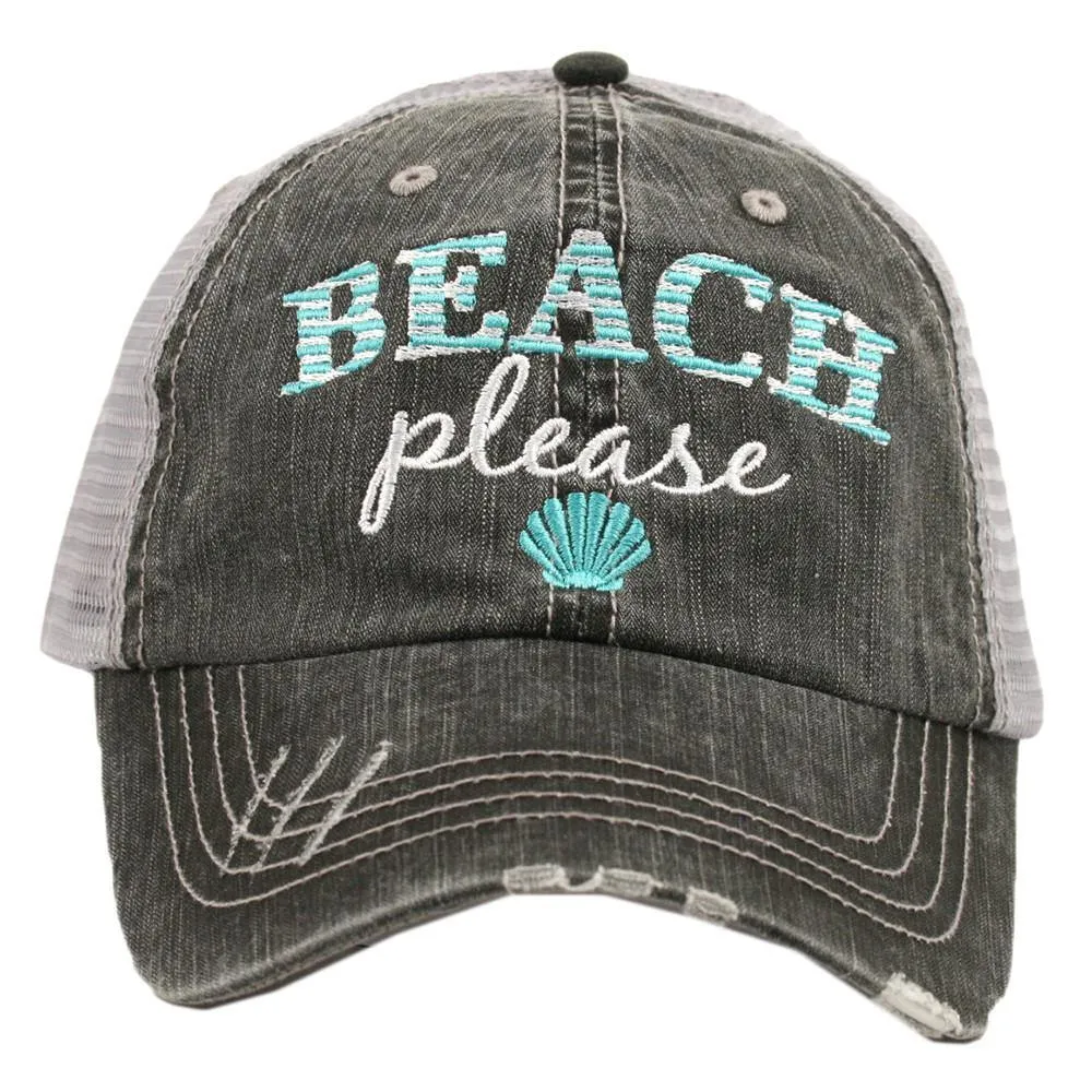 Hats. Beach please. Gray with pink OR teal letters and shell. Unisex embroidered distressed trucker cap with adjustble velcro and hole for pony.
