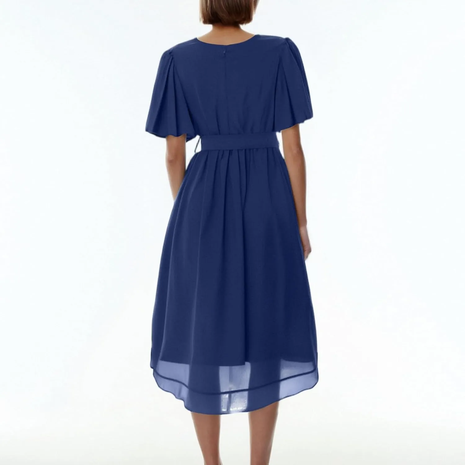 HAVUITYY Women's Chiffon Midi Dress 2025 Summer Spring Wedding Guest Party Short Sleeve Casual Flowy V-Neck A-Line Dress