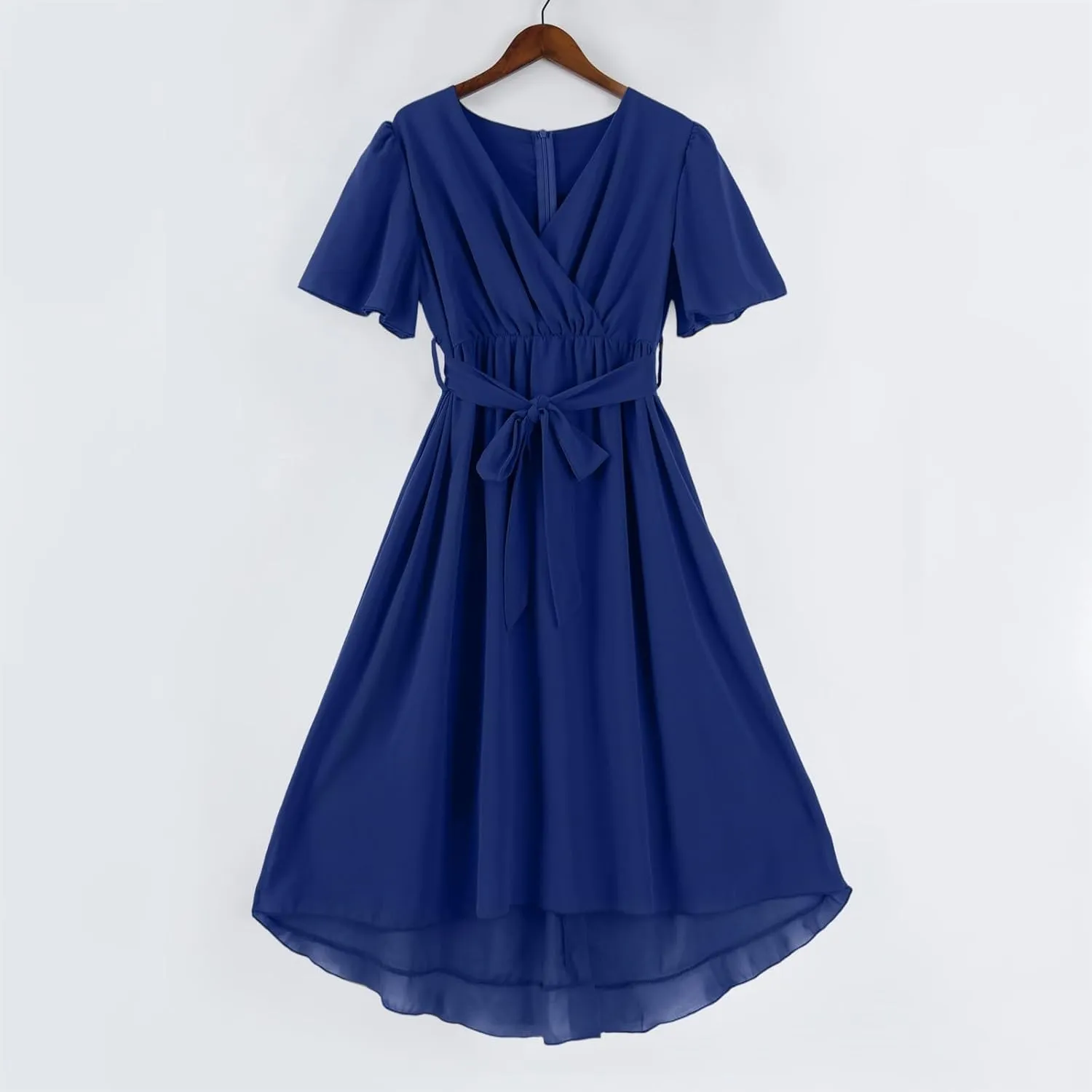 HAVUITYY Women's Chiffon Midi Dress 2025 Summer Spring Wedding Guest Party Short Sleeve Casual Flowy V-Neck A-Line Dress