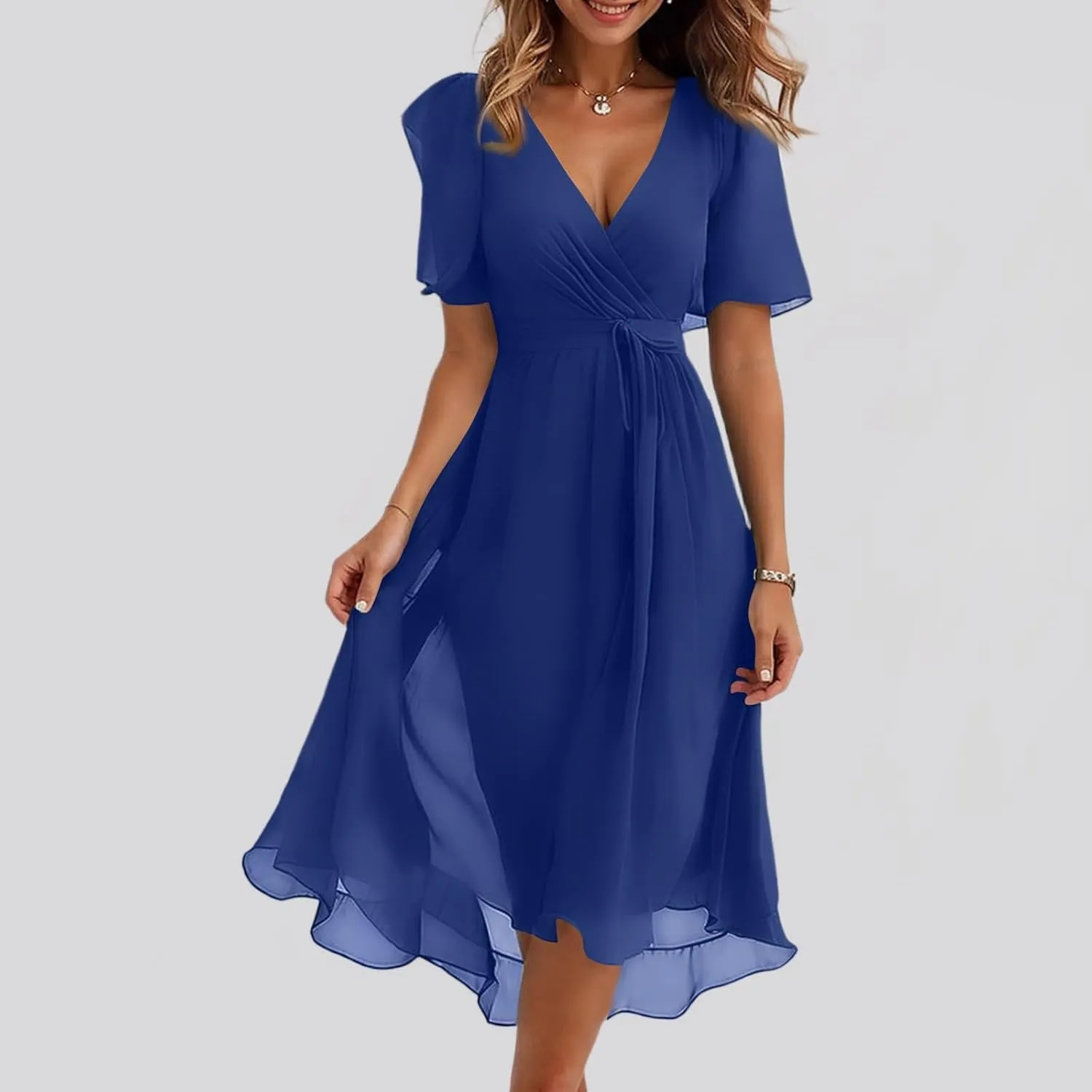 HAVUITYY Women's Chiffon Midi Dress 2025 Summer Spring Wedding Guest Party Short Sleeve Casual Flowy V-Neck A-Line Dress