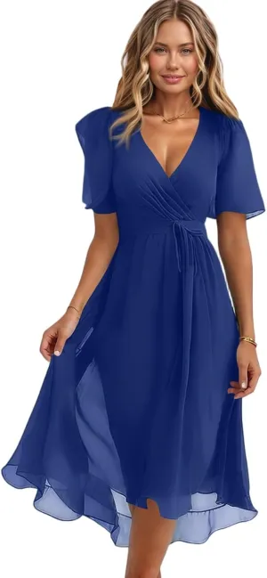 HAVUITYY Women's Chiffon Midi Dress 2025 Summer Spring Wedding Guest Party Short Sleeve Casual Flowy V-Neck A-Line Dress