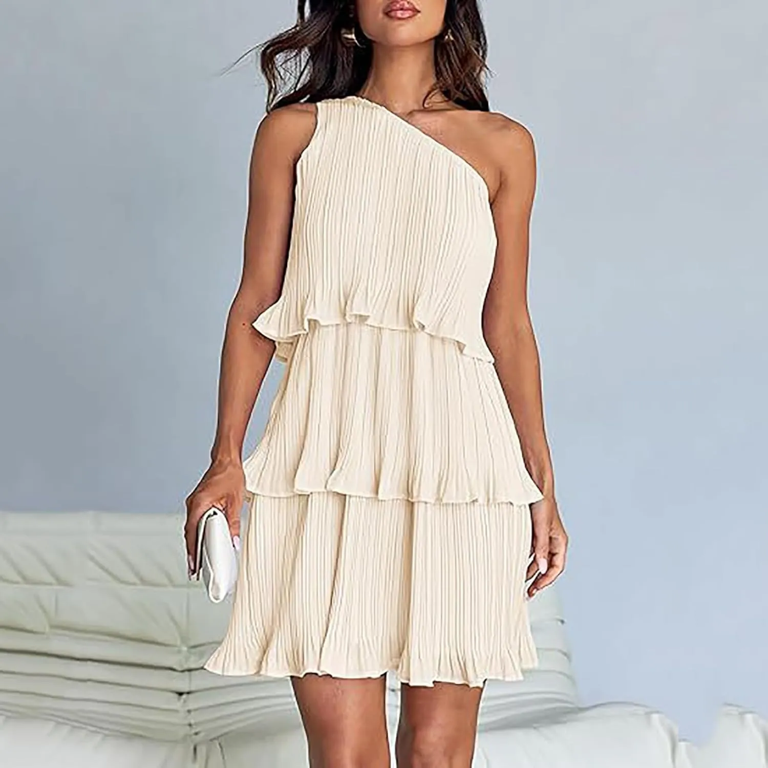 HGps8w One Shoulder Dresses for Women Summer Sleeveless Ruffle Tiered Layered Chiffon Flowy A Line Mini Dress for Party