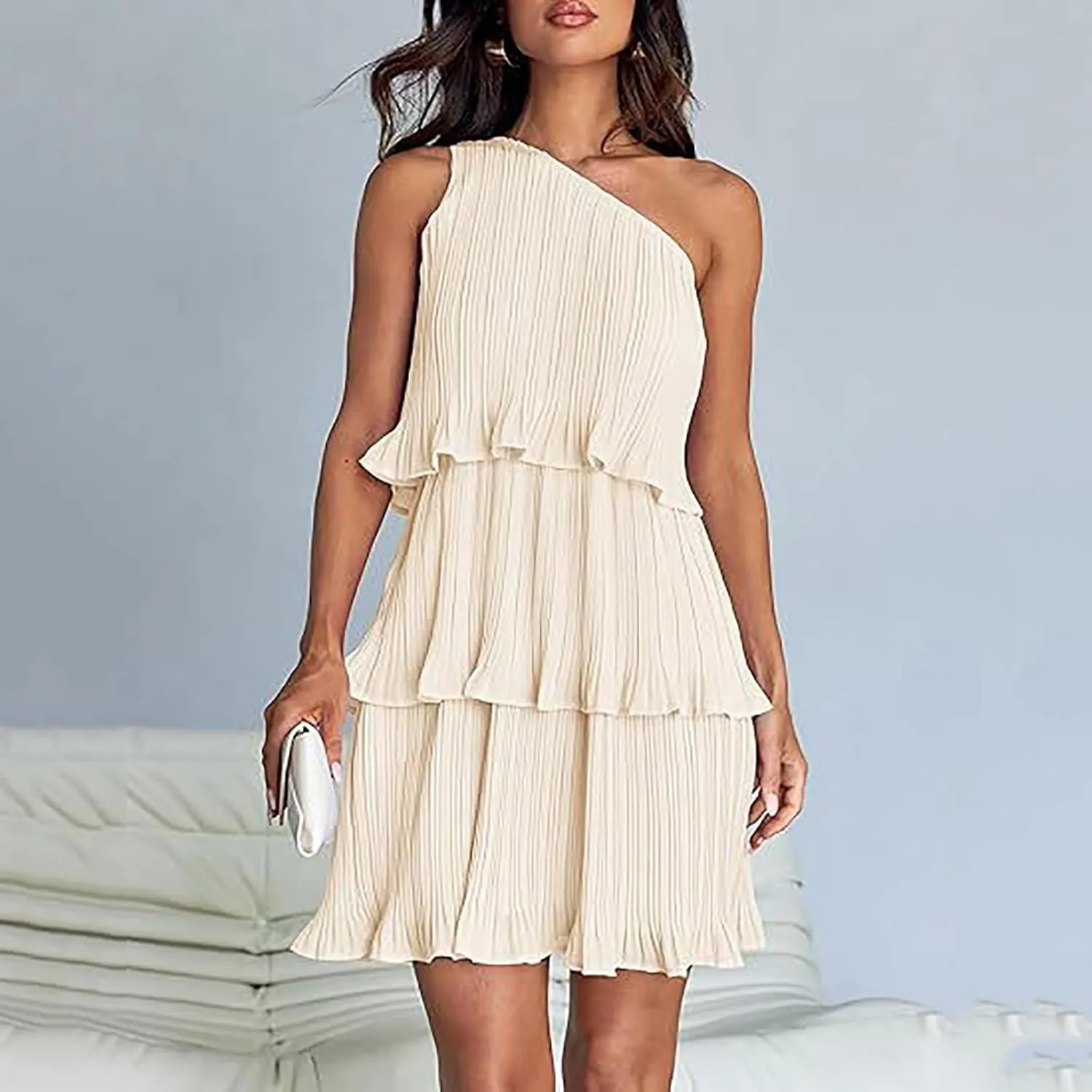 HGps8w One Shoulder Dresses for Women Summer Sleeveless Ruffle Tiered Layered Chiffon Flowy A Line Mini Dress for Party