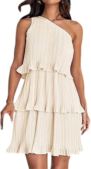 HGps8w One Shoulder Dresses for Women Summer Sleeveless Ruffle Tiered Layered Chiffon Flowy A Line Mini Dress for Party