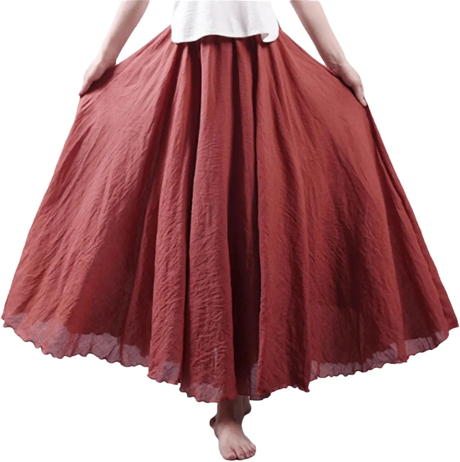 Hgvcfcv Women Linen Cotton Long Skirts Elastic Waist Pleated Maxi Skirts Beach Boho Vintage Summer Skirts