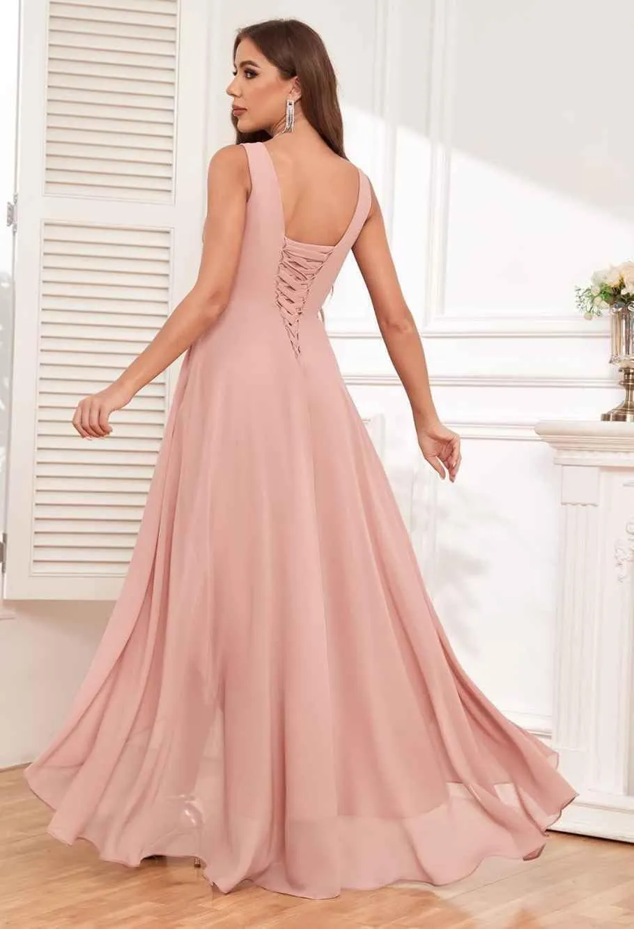 High Low Bridesmaid Dresses for Women V Neck Chiffon Pleated Long Formal Evening Gowns