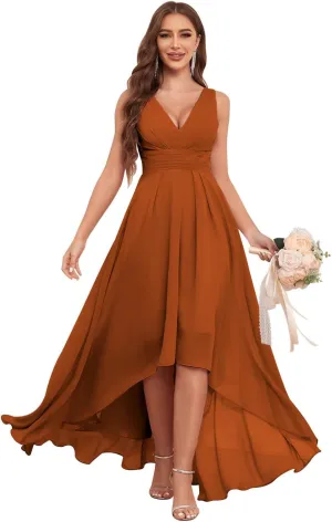 High Low Bridesmaid Dresses for Women V Neck Chiffon Pleated Long Formal Evening Gowns