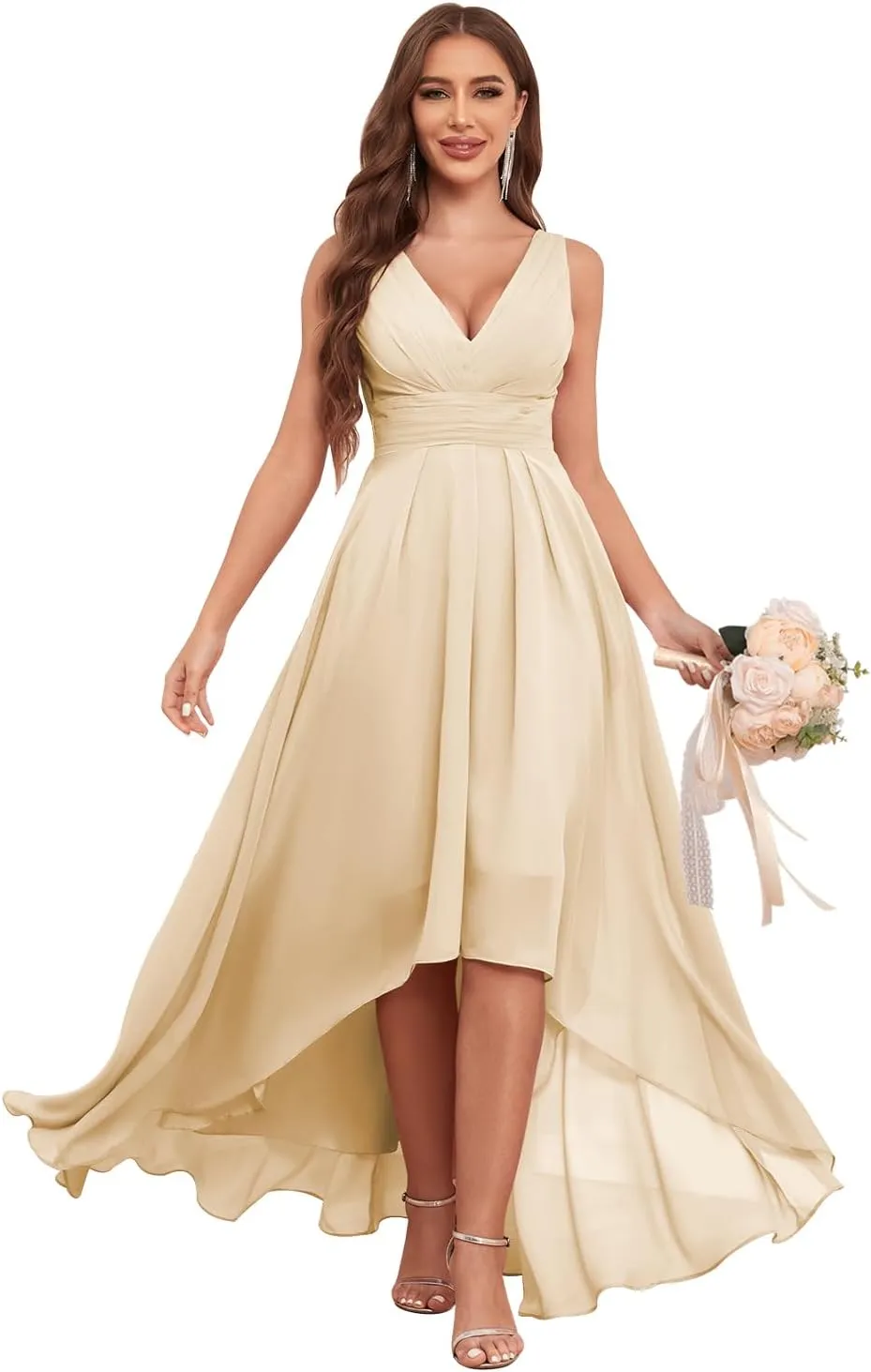 High Low Bridesmaid Dresses for Women V Neck Chiffon Pleated Long Formal Evening Gowns