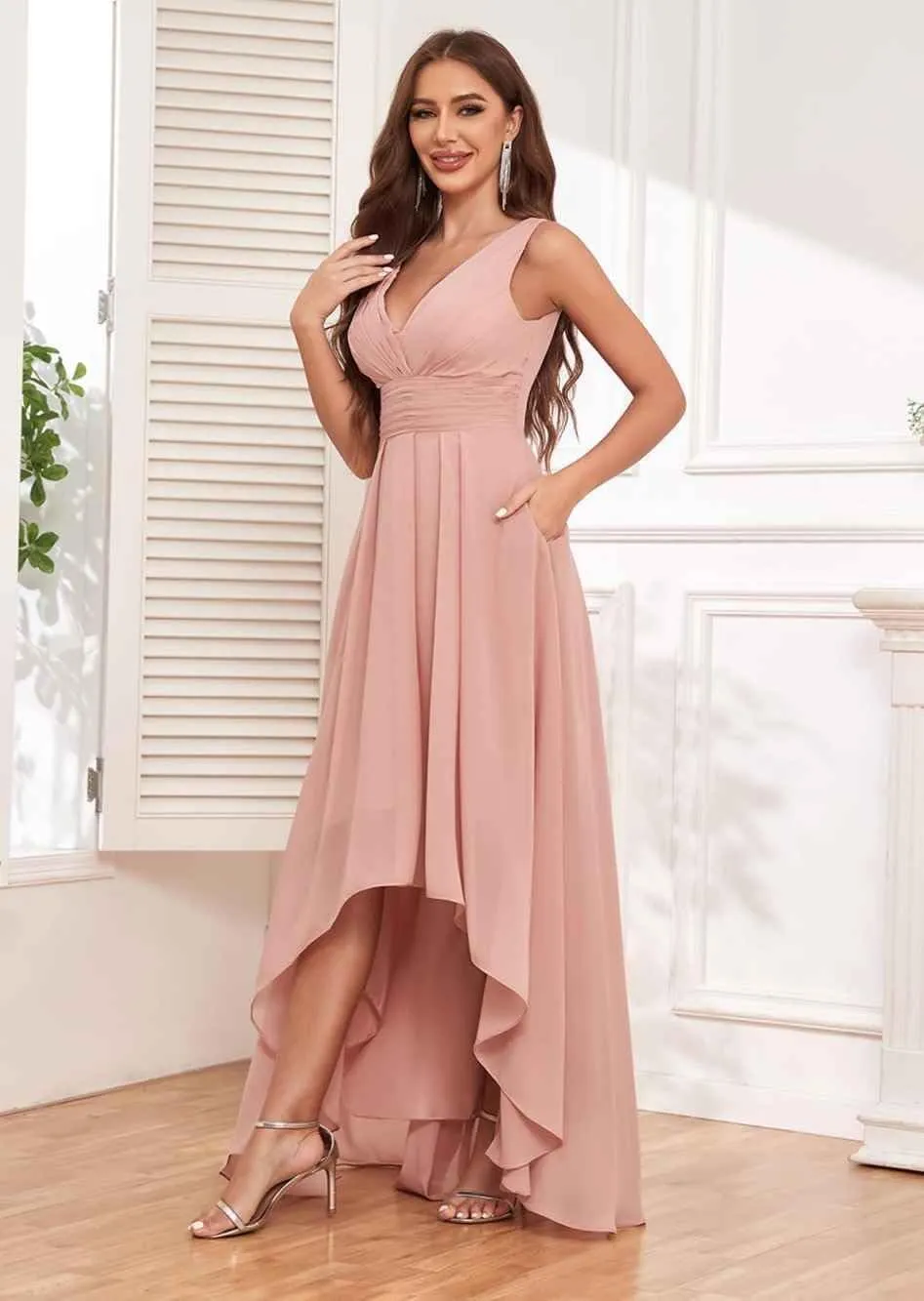 High Low Bridesmaid Dresses for Women V Neck Chiffon Pleated Long Formal Evening Gowns
