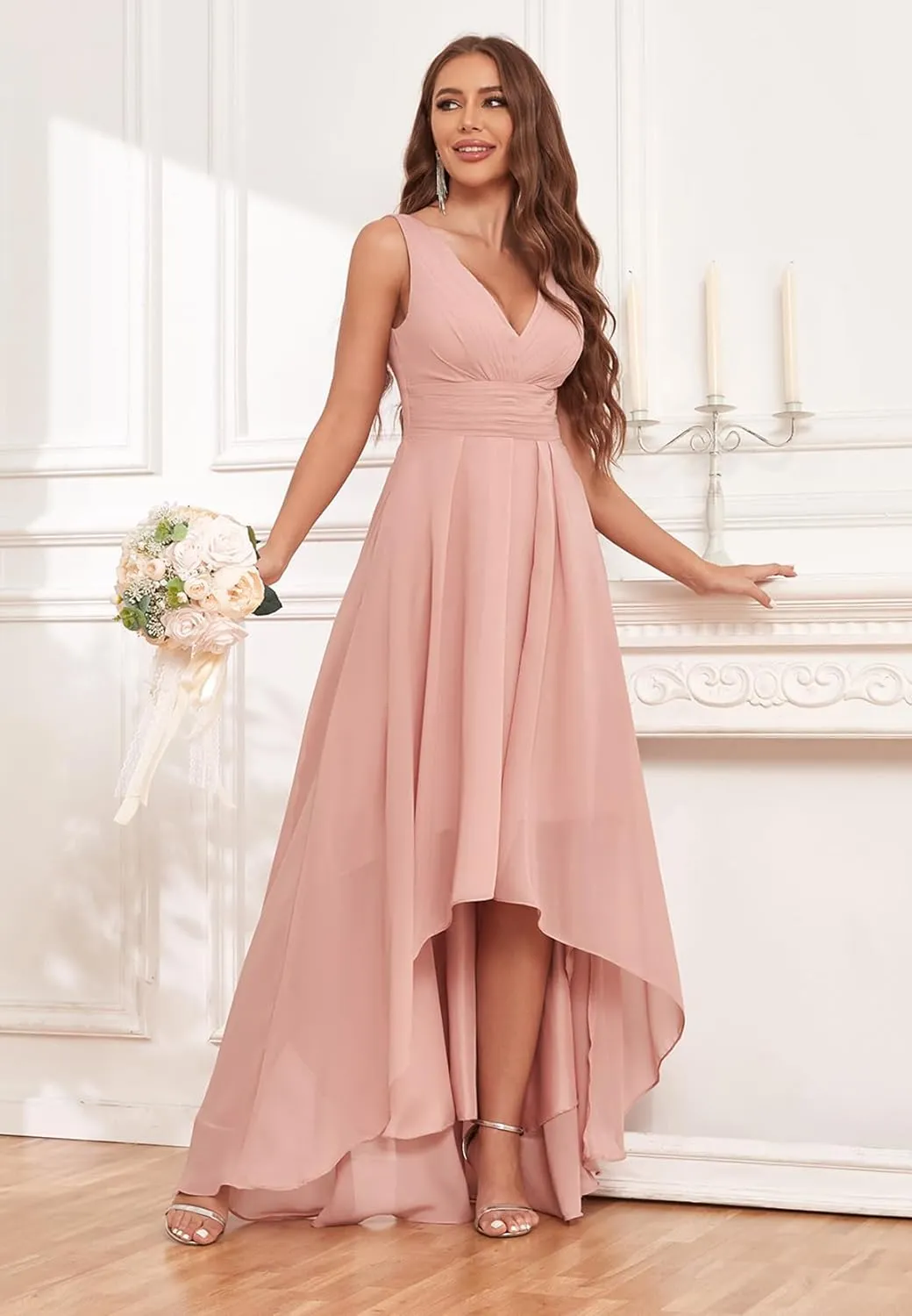 High Low Bridesmaid Dresses for Women V Neck Chiffon Pleated Long Formal Evening Gowns